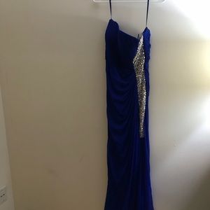 Blue formal dress w rhinestone side panel & split
